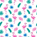 Hand drawn tropical seamless pattern with palm tree, monster leaves and pink flamingo on white background. Vector illustration