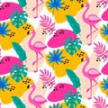 Hand drawn tropical seamless pattern with palm tree, monster leaves and pink flamingo on white background. Vector illustration