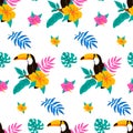 Hand drawn tropical seamless pattern with toucan, palm tree, monstera leaves and tropical flowers on white background. Vector Royalty Free Stock Photo