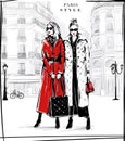 Hand drawn two beautiful young women in sunglasses. Fashion women with Paris street background. Girls in fashion clothes. Sketch. Royalty Free Stock Photo