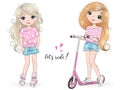 Hand drawn two cute girls with pink kick scooter and roller skates.