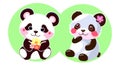 Hand drawn two cute panda bears cartoon style. Isolated design element on decorative background Royalty Free Stock Photo