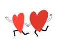 Hand-drawn two running hearts. Vector doodle illustration of lovers holding hands. Happy silhouettes of hearts catching up to each