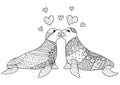 Hand drawn two seals kissing each other for coloring book for adult