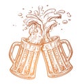 Hand drawn two toasting beer mugs, Cheers. Clinking glass mugs. Oktoberfest, vector illustration