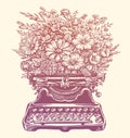 Typewriter and flowers with leaves and plants. Hand drawn vintage sketch vector illustration Royalty Free Stock Photo