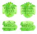 Hand-drawn typographic elements for design. Eco products and vegan food. Watecolor green splash, VECTOR.