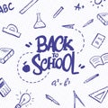 Hand drawn typographic lettering of Back to School with doodles supplies on sheet of exercise book background Royalty Free Stock Photo