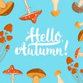 Hand drawn typography lettering phrase Hello, Autumn on the background with mushrooms. Fun brush ink Royalty Free Stock Photo