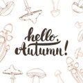 Hand drawn typography lettering phrase Hello, Autumn on the white background with mushrooms. Fun brush ink Royalty Free Stock Photo
