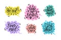 Hand drawn typography poster set. Never mind, xoxo, I dont mind, keep me posted, for real, go ahead phrases in speech Royalty Free Stock Photo