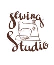 Hand drawn typography poster with sewing machine and stylish lettering Sewing studio. Royalty Free Stock Photo