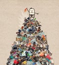 Unhappy cartoon man on the top of a big pile of garbage