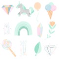 Hand drawn unicorn and magic elements collection in mint pastel colors Royalty Free Stock Photo