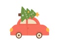 Hand drawn unique Christmas car with tree. Xmas vintage red truck. New Year sale banner. Noel decor. Festive card Royalty Free Stock Photo