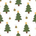 Hand drawn unique Christmas tree with balls seamless pattern. Xmas vintage texture. New Year banner. Noel decor. Festive Royalty Free Stock Photo