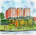 Hand drawn urban sketch. Watercolor autumn cityscape. Green and yellow fall trees. Orange houses. Big city. Small town. Street. Bl Royalty Free Stock Photo