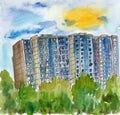 Hand drawn urban sketch. Watercolor summer cityscape. Green trees. Classsic blue houses. Big city. Royalty Free Stock Photo