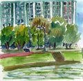 Hand drawn urban sketch. Watercolor summer cityscape. Green trees. Green house. Big city. Small town. Blue sky. Park and garden.