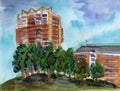 Hand drawn urban sketch. Watercolor summer cityscape Royalty Free Stock Photo