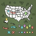 Hand drawn US map with pins Royalty Free Stock Photo