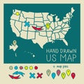Hand drawn US map with pins