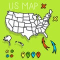 Hand drawn US map with pins Royalty Free Stock Photo