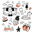 Hand drawn vacation black and white doodle elements with one color on the white background. Doodle set of summer icons for decor Royalty Free Stock Photo