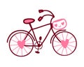 Hand drawn Valentine bicycle in simple doodle style. Perfect for tee, stickers, cards. Isolated vector illustration