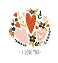 Hand drawn valentine card with flowers and lettering - `I love you`. Vector floral print design. Royalty Free Stock Photo