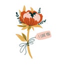 Hand drawn valentine card with flowers and lettering - `I love you`. Vector floral print design. Royalty Free Stock Photo