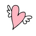 Hand drawn Valentine flying heart with wings. Perfect for tee, stickers, cards. Doodle isolated vector illustration