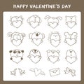 Hand-drawn valentine`s day cute animals and hearts set