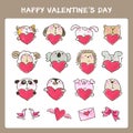 Hand-drawn valentine`s day cute animals and hearts set Royalty Free Stock Photo