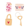 Hand drawn Valentine's Day objects. Cute pink elements isolated on white. vector illustration. February 14 gift