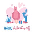 Hand drawn Valentines day card with cute funny llama in love , cacti, text Happy Valentine`s day. Vector illustration