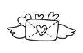 Hand drawn Valentines day doodle envelope with love message, wings, hearts isolated on white background.