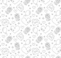 Seamless hand-drawn doodle pattern hearts, balloons, stars, bows, streamers, ribbon. Royalty Free Stock Photo