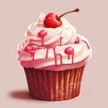 Hand drawn vanilla cupcake with cherry on top, vintage colorful food sketche, isolated on pastel pink background. Cupcake Royalty Free Stock Photo