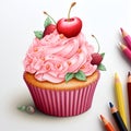 Hand drawn vanilla cupcake with cherry on top, vintage colorful food sketche, isolated on pastel pink background. Cupcake Royalty Free Stock Photo