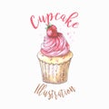 Hand drawn vanilla cupcake with strawberry on top, vintage colorful food sketches, isolated on white background. Vector Royalty Free Stock Photo