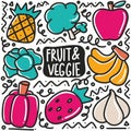 hand drawn variation fruit and vegetable doodle set