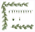 Hand Drawn Variety Pine Garland Corner White Twinkle Light Set Vector