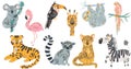 Set Hand drawn various cute jungle animals in doodle style. Colored vector set. Every animal is isolated. Tropical