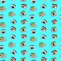 Hand drawn various kawaii sushi. Colored vector seamless pattern on Blue background.