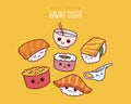 Hand drawn various kawaii sushi, onigiri, sashimi. Japanese cartoon style. Cute vector illustration set