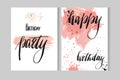 Hand drawn vecor abstract artistic modern watercolor cards template with ink lettering phases Happy birthday and Happy
