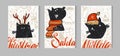 Hand drawn vecor abstract Merry Christmas greeting card set with cute xmas black cats characters in winter clothing Royalty Free Stock Photo