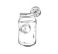 Hand drawn vector abstract artistic cooking ink sketch illustration of tropical lemonade shake drink in glass mason jar