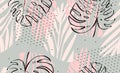 Hand drawn vector abstract artistic freehand textured tropical palm leaves seamless pattern in pastel colors with polka